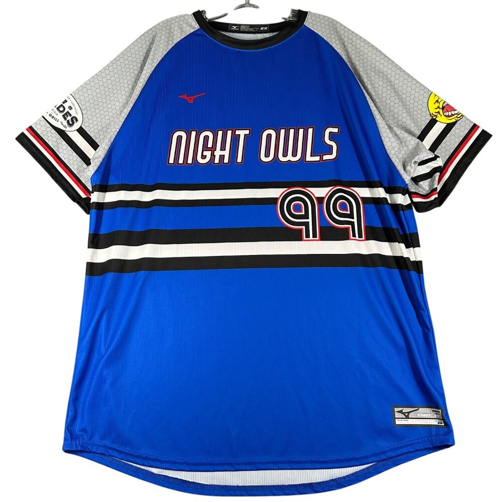 Mizuno Mens 2XL Blue Gray Pullover Grand Slam Night‎ Owls 99 Short Sleeve Jersey